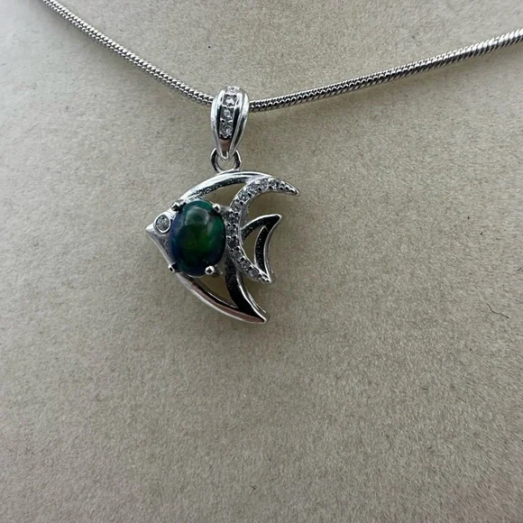 Silver Fish Pendant Necklace with Opal on Chain - Picture 9 of 9